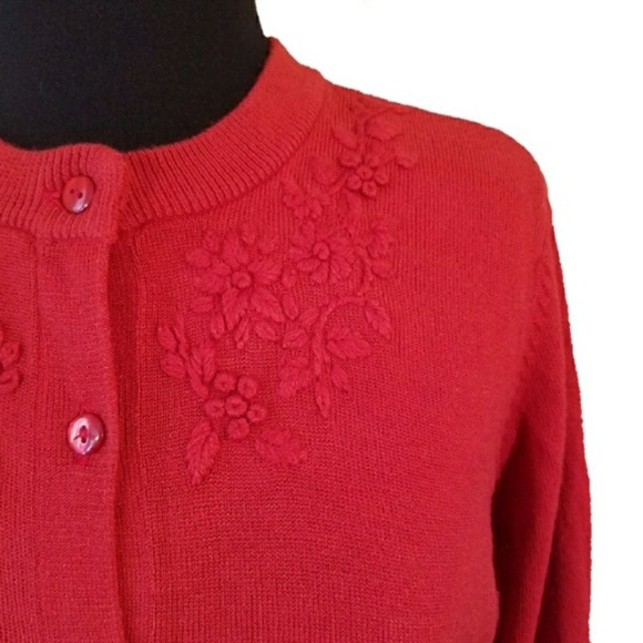 Basic Editions Sweaters - NWT, Embellished Floral Red Button Cardigan, Med